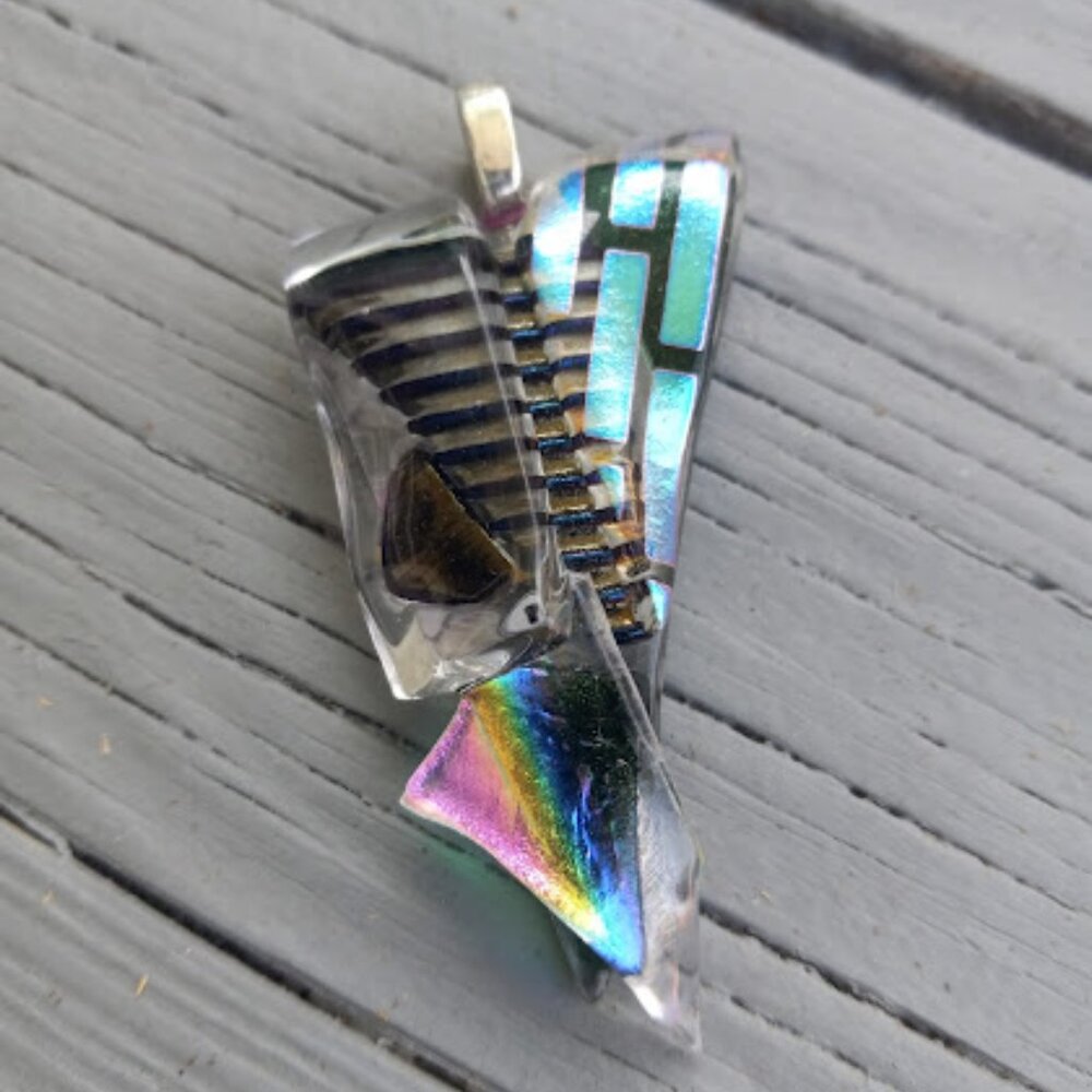 Vintage Sterling Silver Dichroic Colorful Metallic Art Glass Pendant 925